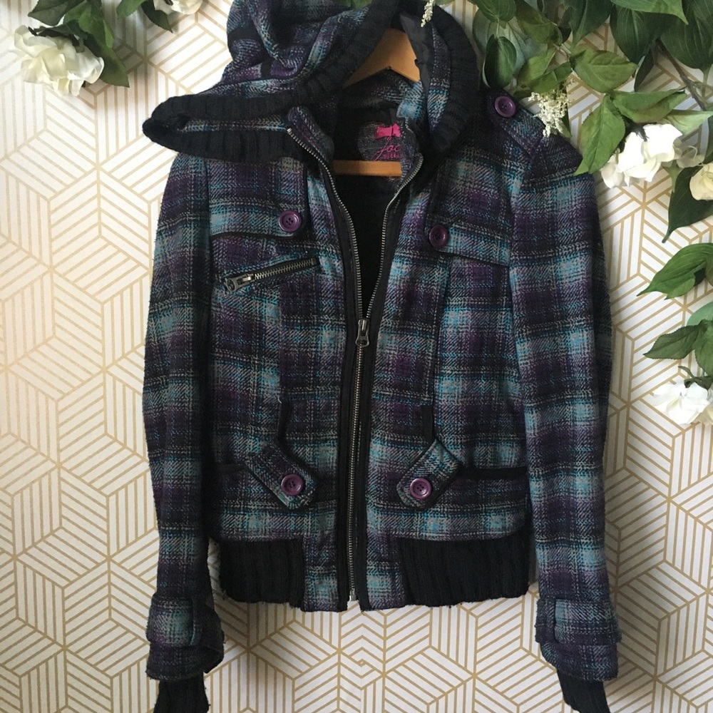 Jack Blue Plaid Hoodie Tweed Jacket Small